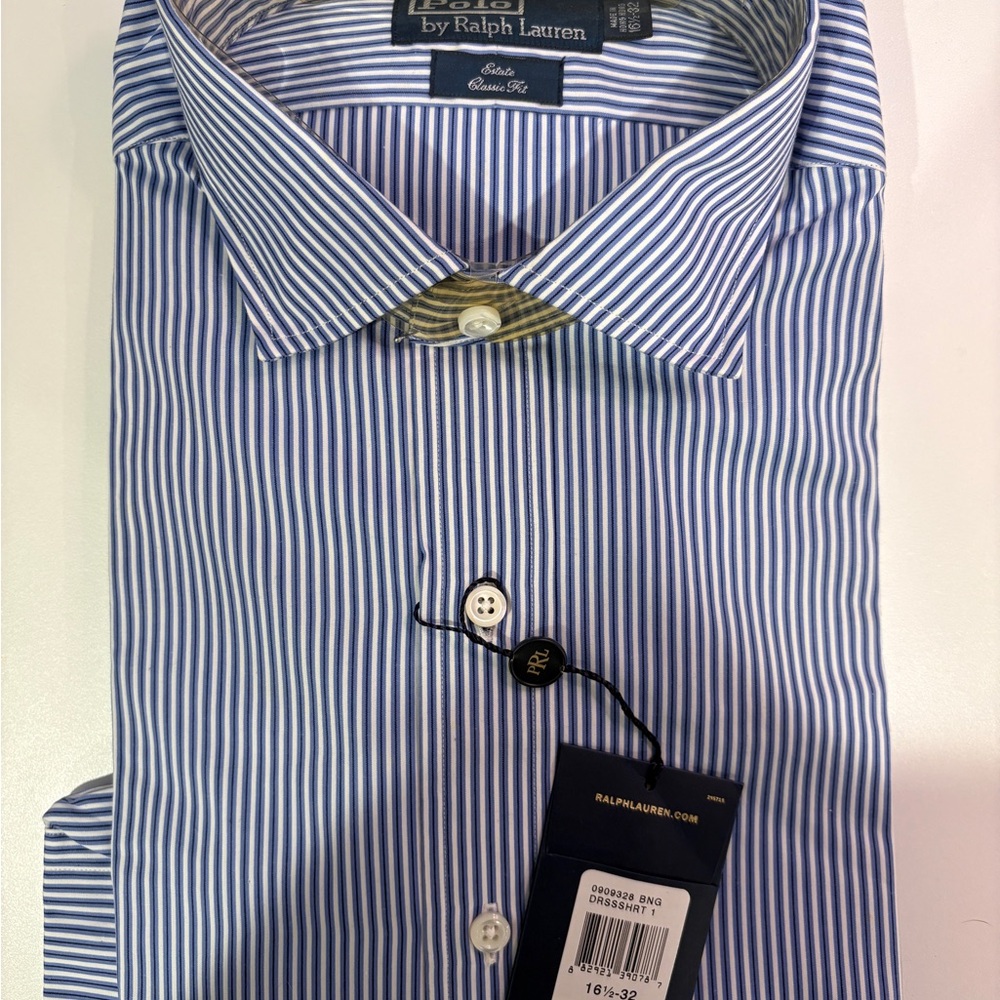 Ralph Lauren Men's White and Blue Pinstripe Shirt